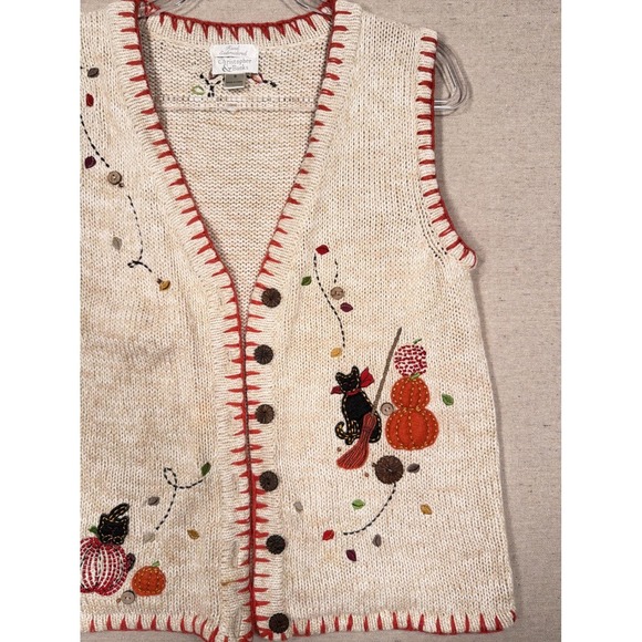 Christopher & Banks Sweaters - Christopher & Banks Vintage Halloween Cat Pumpkin Embroidered Knit Vest Small